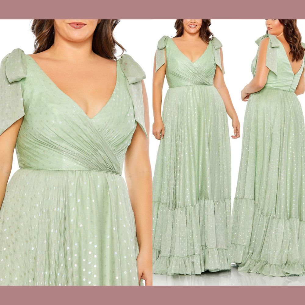 NWT $498 Mac Duggal [ PLUS 22W ] Iridescent Polka Dot Soft‎ Tie Gown Sage Green